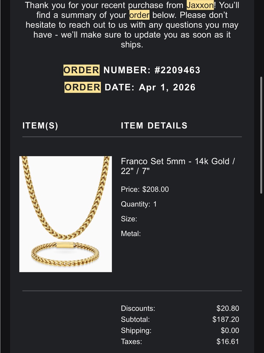 Jaxxon 14k Gold Franco Chain 5mm - Picture 6 of 6